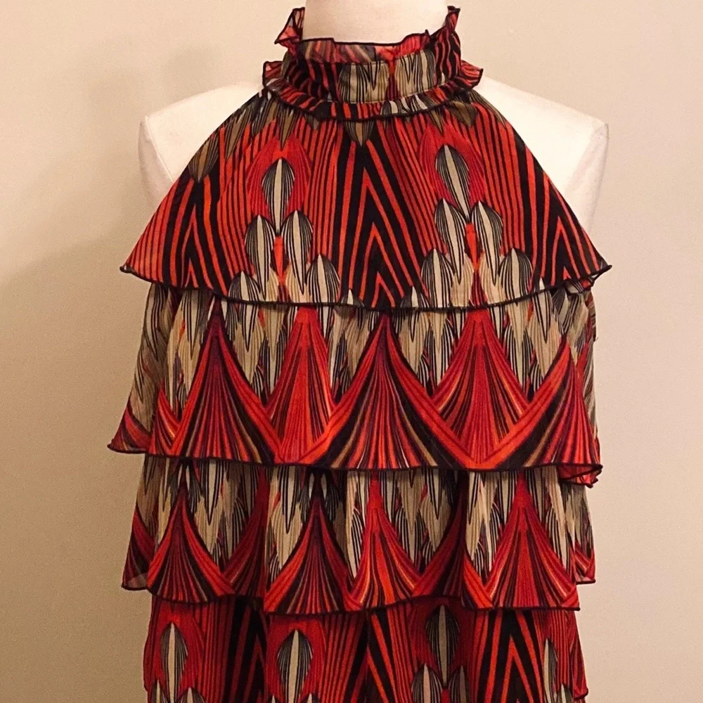 Adiva Black Red Tan Geometric SZ L High Neck Boho Chic Earthy Modern Halter Top - Picture 2 of 11